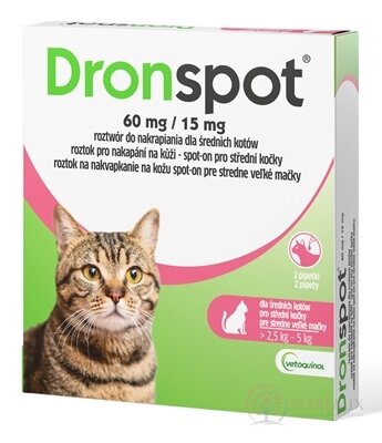 Dronspot 60 mg/15 mg spot-on (2 pipety) pre stredne veľké mačky (>2,5 - 5 kg) 2x0,7 ml